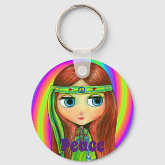 Green Hippie Doll Girl Peace Sign Headband Cute Keychain