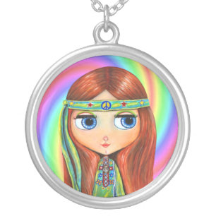 Green Hippie Girl Rainbow Swirl Doll Silver Plated Necklace