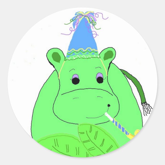 Green Hippo Birthday Classic Round Sticker (Front)