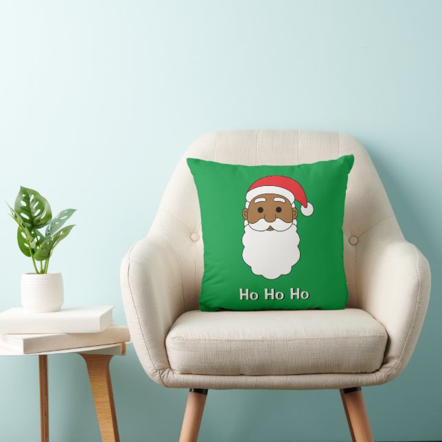 Green Ho Ho Ho African American Santa Claus Family Throw Pillow (Chair)