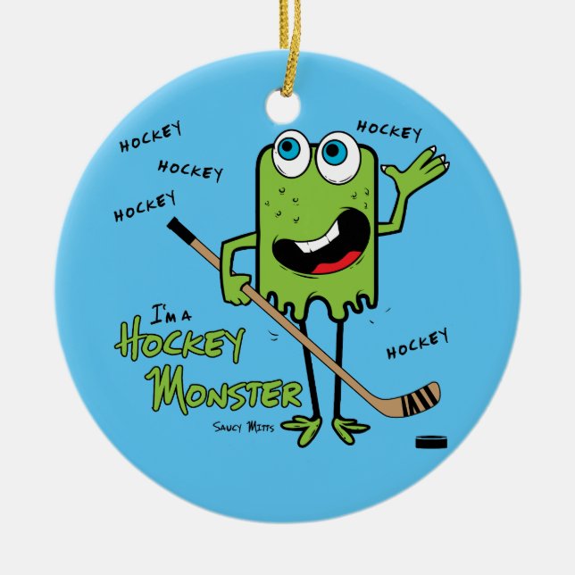 Green Hockey Monster Christmas Ornament (Front)