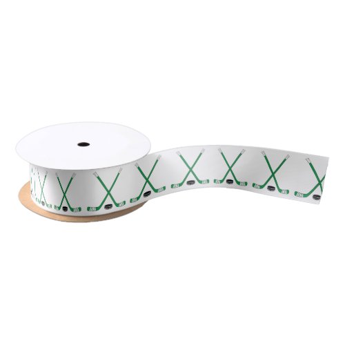 Green Hockey Sticks and Puck Satin Ribbon