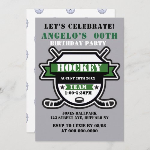 Green Hockey Theme Birthday Party Invites