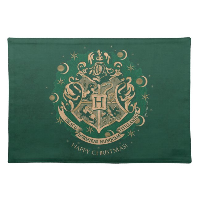 Green HOGWARTS™ Crest Holiday Wreath Cloth Placemat (Front)