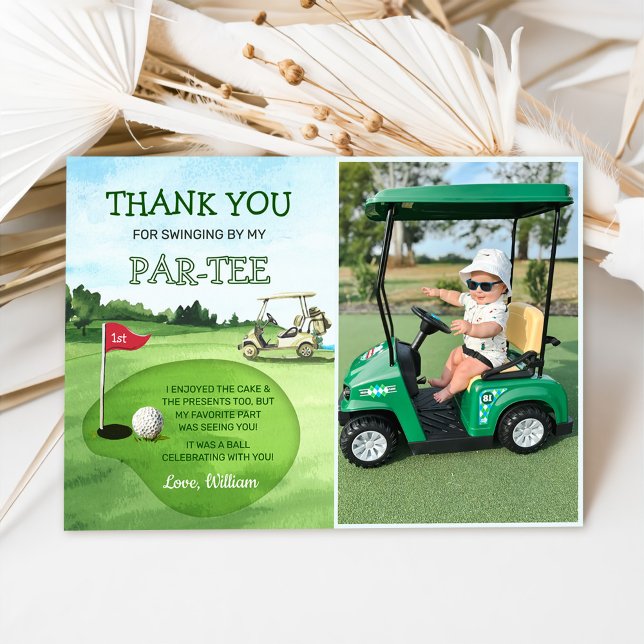 Green Hole-In-One Golf  Birthday Par-tee Photo Thank You Card (Creator Uploaded)