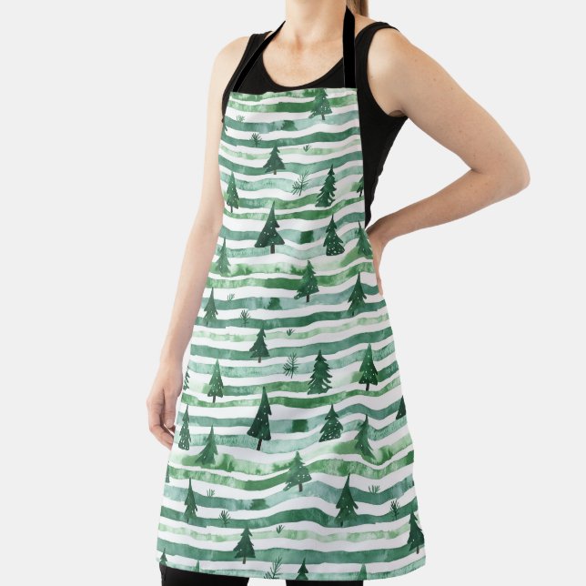 GREEN HOLIDAY CHRISTMAS TREES & STRIPES APRON (Insitu)