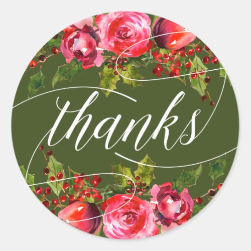 Green Holiday Floral Wedding Favor Thank You Classic Round Sticker