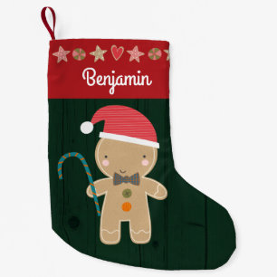 Green Holiday Gingerbread Boy Name Rustic Cute Small Christmas Stocking