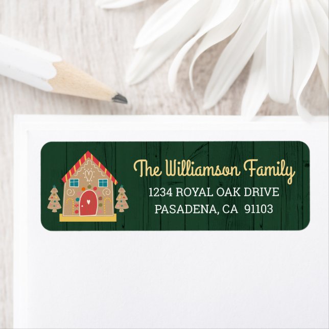 Green Holiday Gingerbread House Rustic Script Cute Label (Insitu)