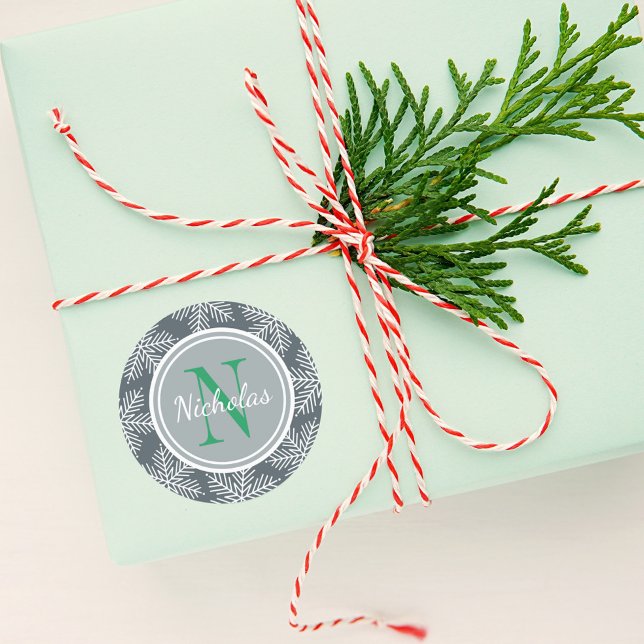 Green Holiday Monogram Snowflake Pattern Name Classic Round Sticker (Creator Uploaded)