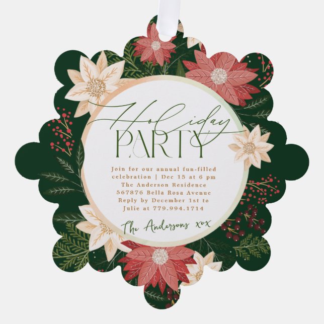 Green Holiday Party Poinsettia Wreath Botanical Ornament Card (Front)