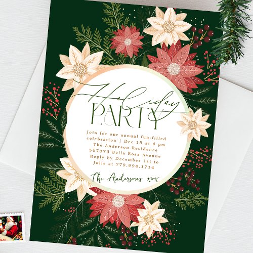 Green Holiday Party Poinsettia Wreath Splendor Invitation