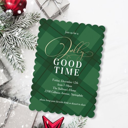 Green Holiday Plaid Faux Foil Christmas Party Invitation