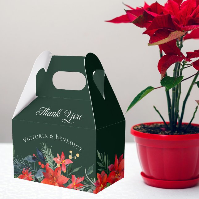 Green Holiday Poinsettia Floral Christmas Wedding Favor Boxes (Creator Uploaded)