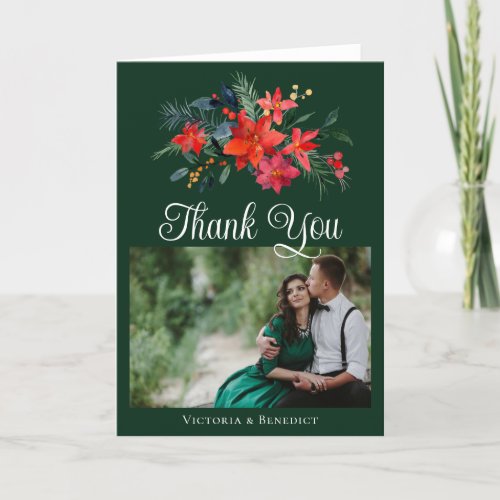 Green Holiday Poinsettia Wedding Photo Thank You Card