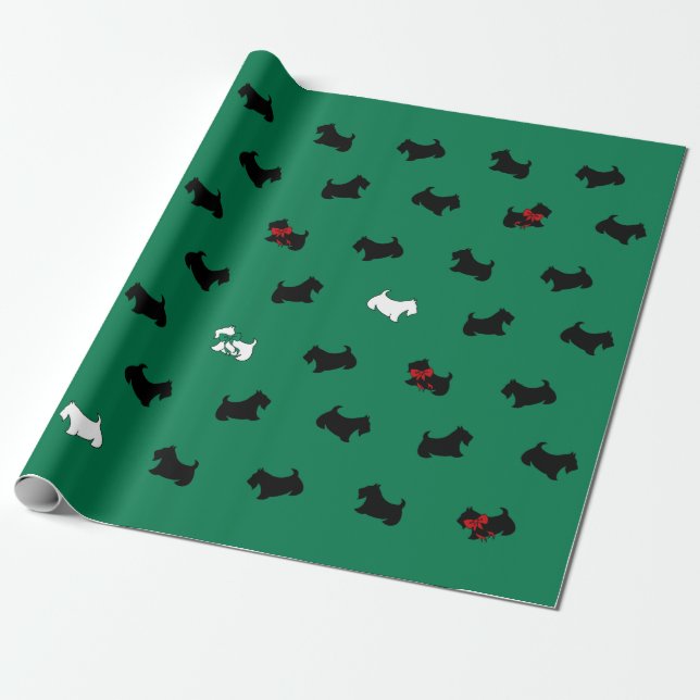Green Holiday Scottish Terrier Wrapping Paper (Unrolled)
