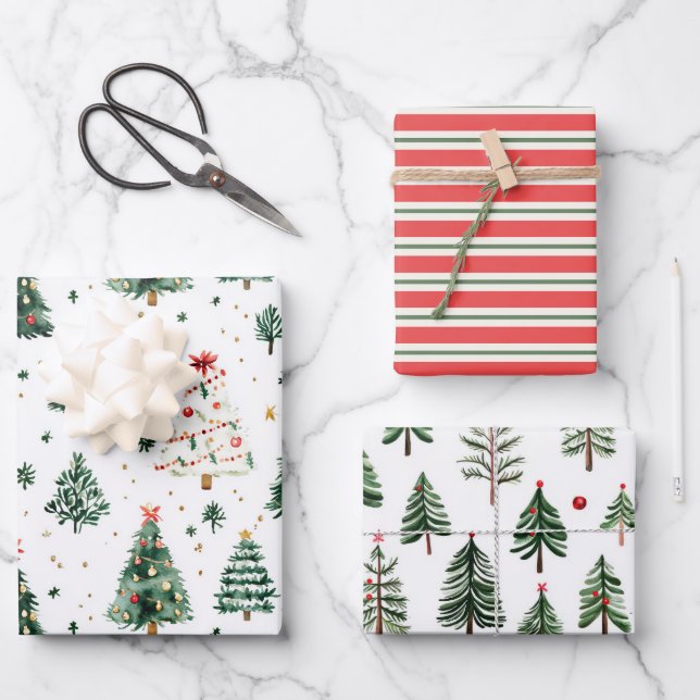 Green Holiday Tree Patterns with Red Stripes Wrapping Paper Sheets (Front)