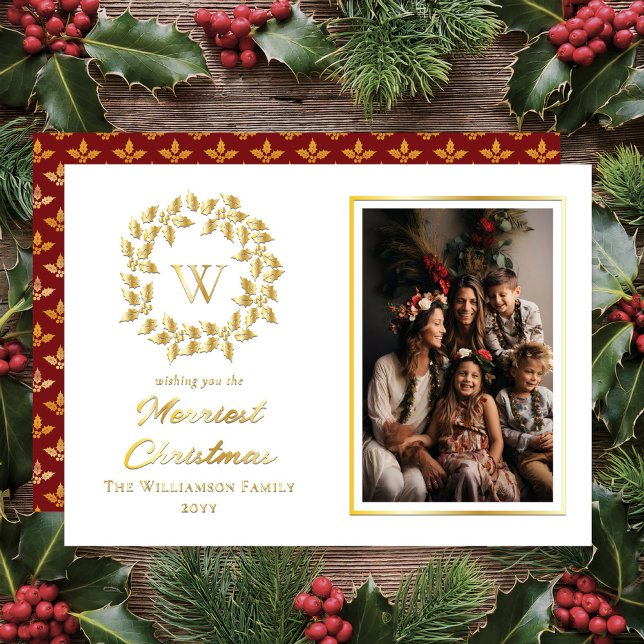 Green Holly and Berries Merriest Christmas  Foil Holiday Card ("Merriest Christmas" Holly and Berries Wreath One Portrait Photo Monogrammed Holiday Gold Foil Cards)