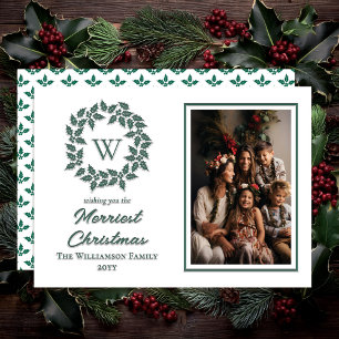 Green Holly and Berries Merriest Christmas Letterpress Photo Cards