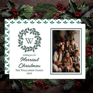 Green Holly and Berries Merriest Christmas Letterpress Photo Cards