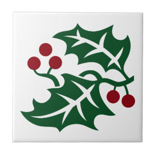 Green Holly and Red Berries Christmas Design Ceramic Tile