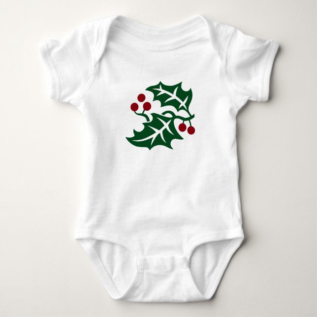 Green Holly and Red Berries Christmas Holiday Baby Bodysuit (Front)