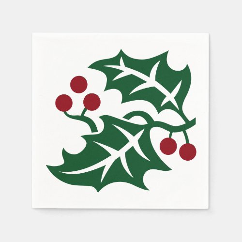Green Holly and Red Berries Christmas Holiday Napkins