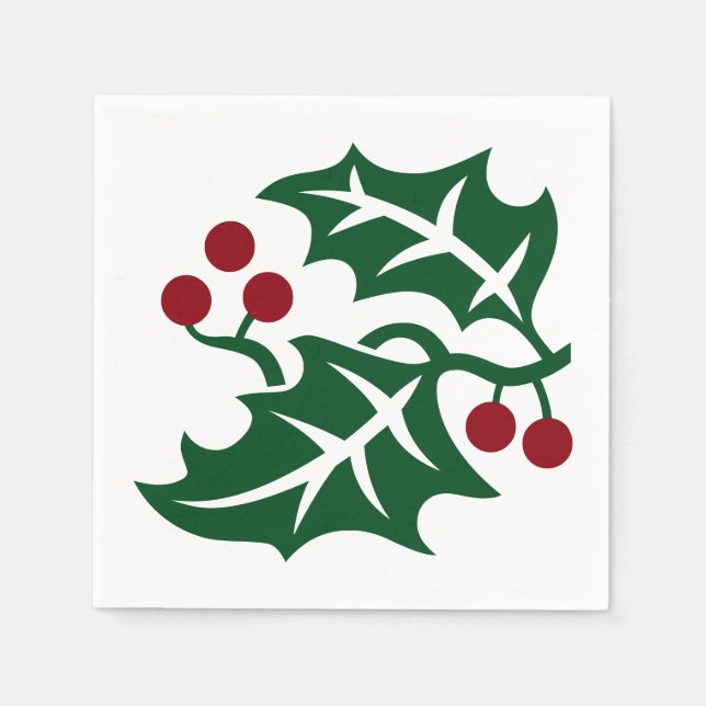 Green Holly and Red Berries Christmas Holiday Napkins (Front)