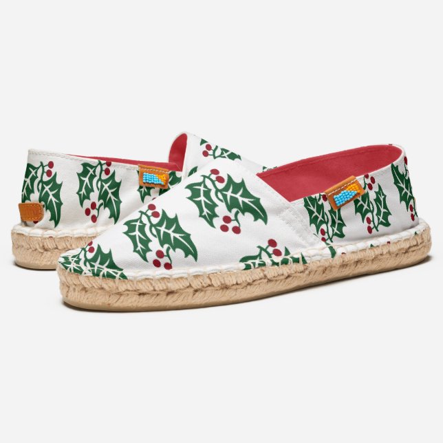 Green Holly and Red Berries Christmas Pattern Espadrilles (Angled)