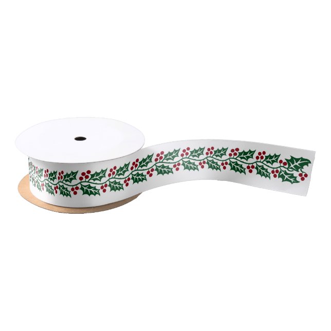 Green Holly and Red Berries Christmas Pattern Satin Ribbon (Spool)