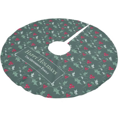 Green holly and red berries foliage pattern custom brushed polyester tree skirt