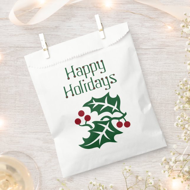 Green Holly and Red Berries Happy Holidays 50 Favor Bag (Clipped)