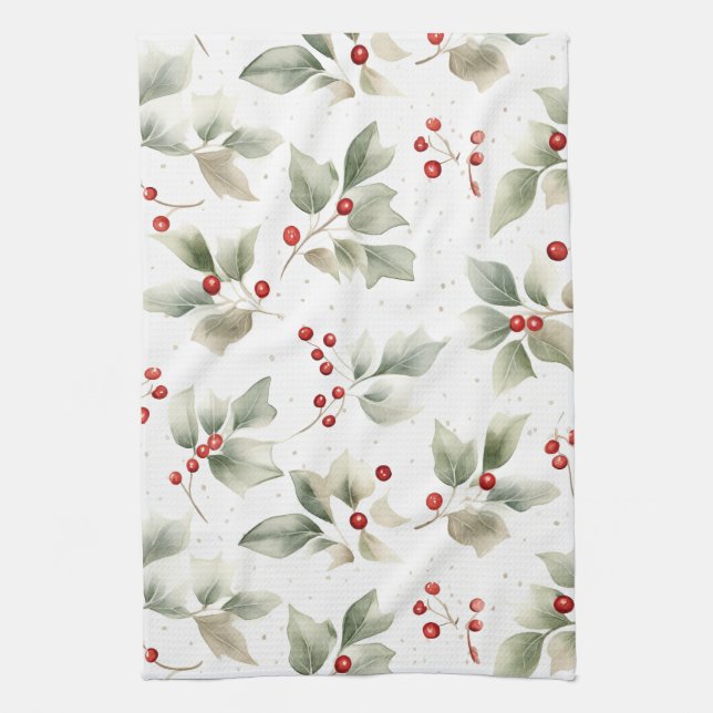 Green Holly and Red Berries Pattern Kitchen Towel (Vertical)