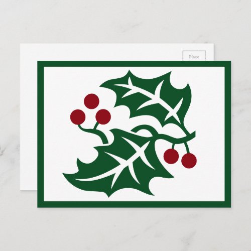 Green Holly and Red Berries Winter Holiday Postcard