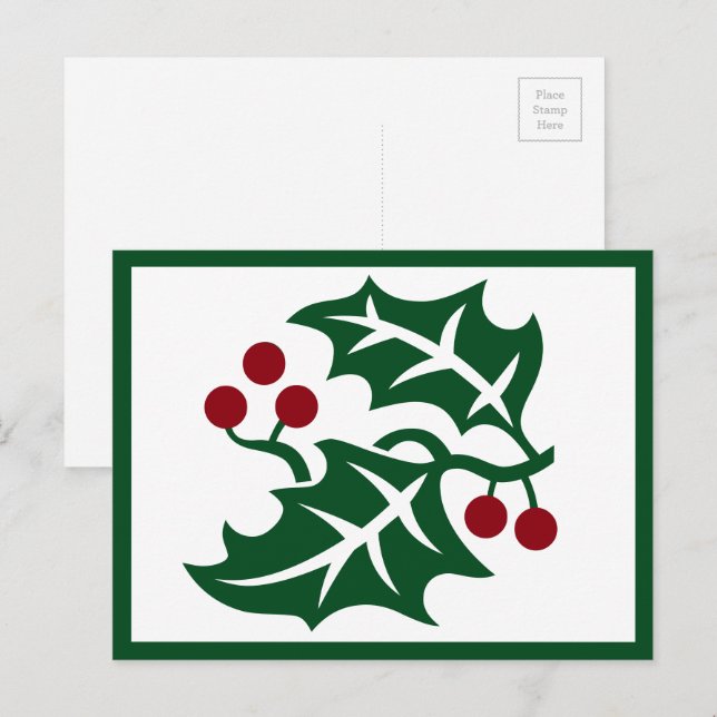 Green Holly and Red Berries Winter Holiday Postcard (Front/Back)
