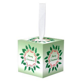 Green Holly and Red Berry Christmas Cube Ornament