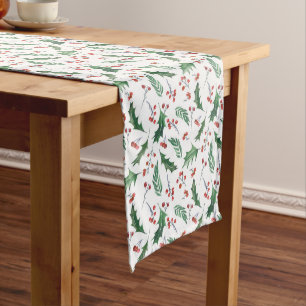 Green Holly and Red Berry Christmas Pattern Medium Table Runner