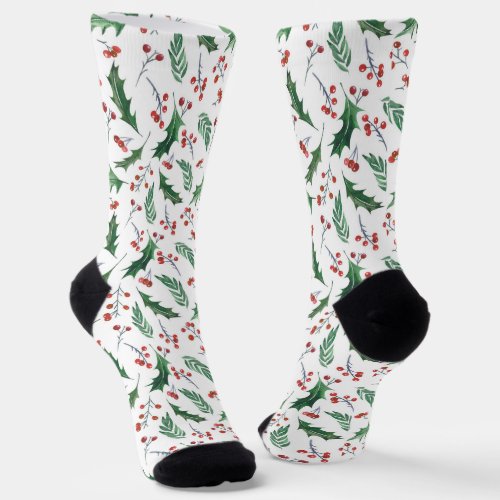 Green Holly and  Red Berry Christmas Pattern Socks
