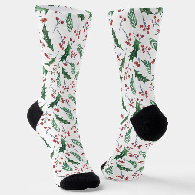 Green Holly and  Red Berry Christmas Pattern Socks (Angled)