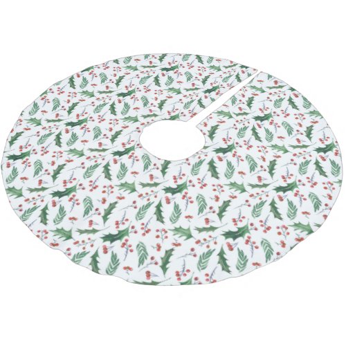 Green Holly and Red Berry Pattern Christmas Brushed Polyester Tree Skirt