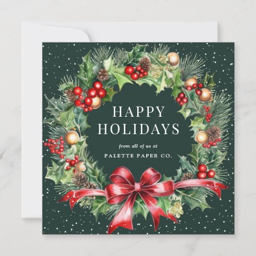 Green Holly Berries Botanical Wreath Business Holiday Card