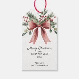 Green Holly Berries Watercolor Red Bow Christmas Gift Tags