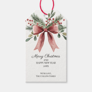 Green Holly Berries Watercolor Red Bow Christmas Gift Tags