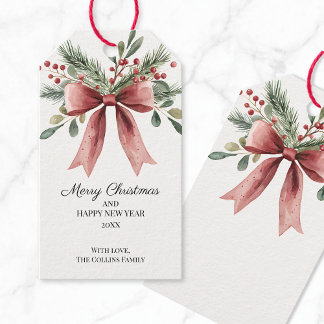 Green Holly Berries Watercolor Red Bow Christmas Gift Tags
