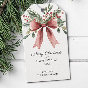 Green Holly Berries Watercolor Red Bow Christmas Gift Tags
