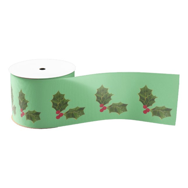 Green Holly Christmas Satin Ribbon - Festive Holid (Spool)