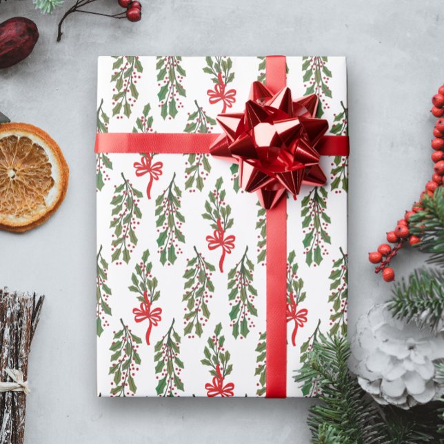 Green Holly Garland with Red Bows Christmas Wrapping Paper (Christmas holiday gift wrapping paper with a pattern of green holly sprigs and red looping bows)
