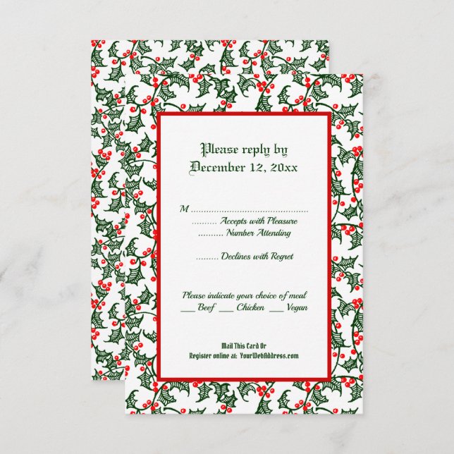 Green Holly Holiday Editable 3.5x 5" Response Card (Front/Back)