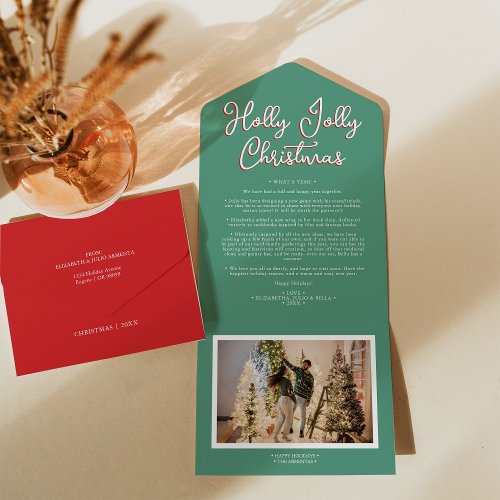 Green Holly Jolly Christmas Four Photo Family News All In One Invitation
