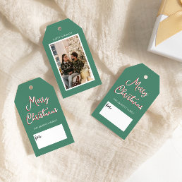 Green Holly Jolly Christmas Photo and Family Name Gift Tags